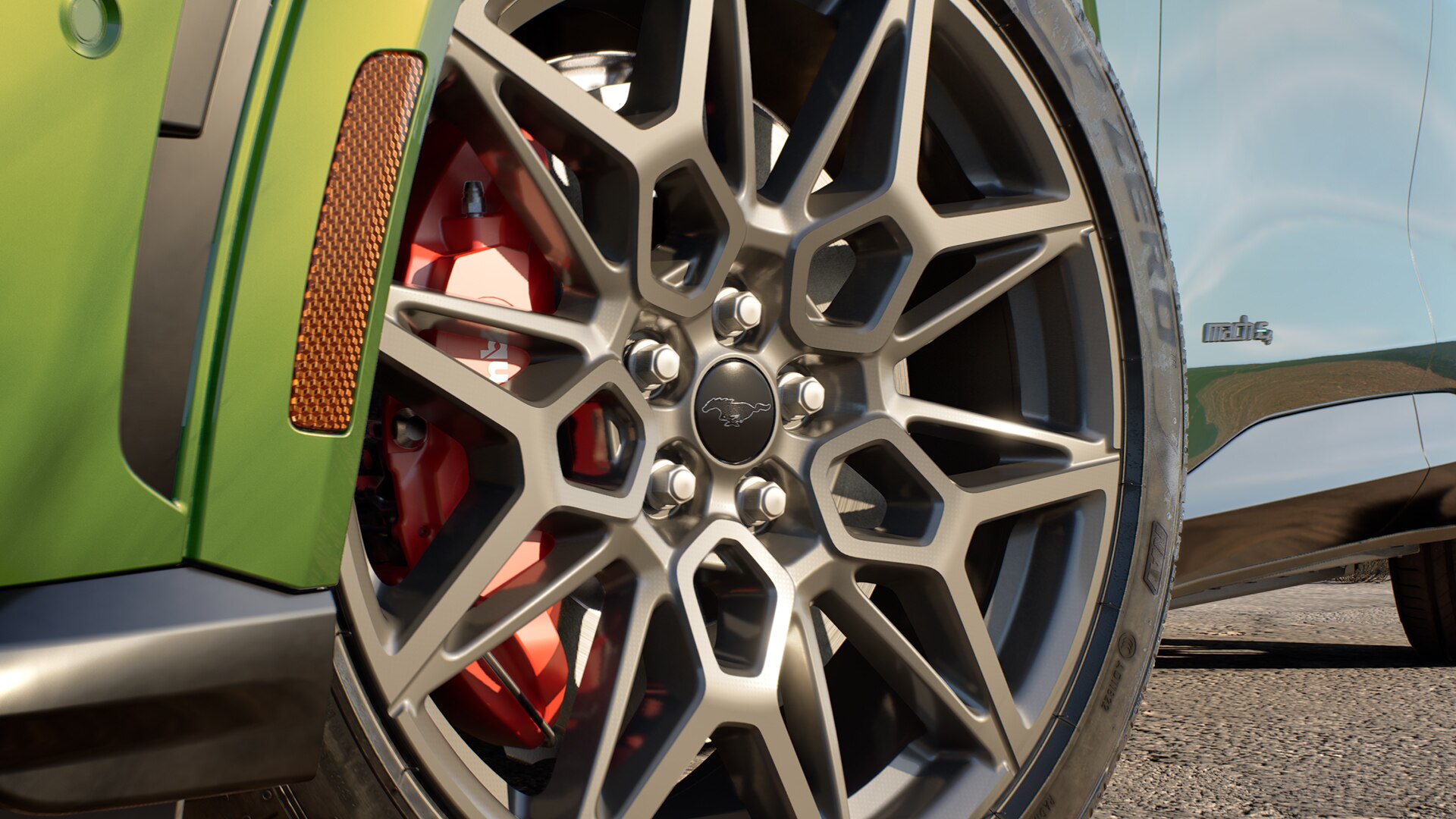 Close up detail of Mustang Mach-E wheel.  LICENSE EXPIRES: PERPETUAL - LICENSE BY: Ford Europe LICENSE SCOPE: A - Earned editorial, press releases, press kits. B - All non-broadcast digital and online media. C - All non-broadcast digital and online media, plus Retail and POS (showrooms, events etc). D - All print media (newspaper, magazine etc) REGION: Global COPYRIGHT AND IMAGE RIGHTS: This content is solely for editorial use and for providing individual users with information. Any storage in databases, or any distribution to third parties within the scope of commercial use, or for commercial use is permitted with written consent from Ford of Europe only.